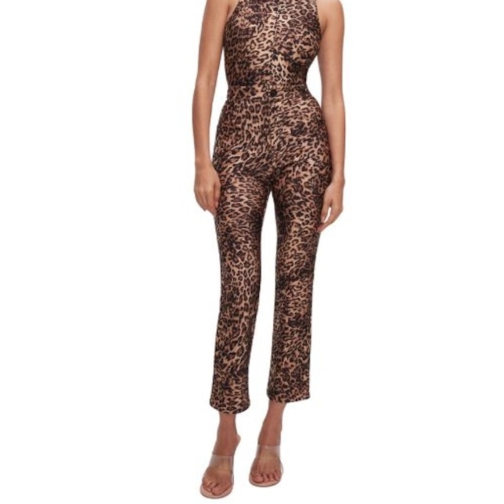 NEW GOOD AMERICAN Leopard Shine Compression Good Waist Straight Leg Pants